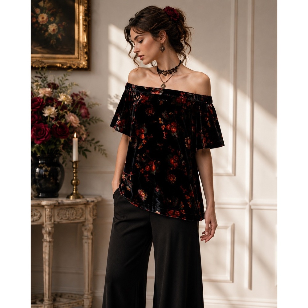 LOFT Velvet Burnout Top XS Black Red Floral Off Shoulder Romantic Goth NWT‎